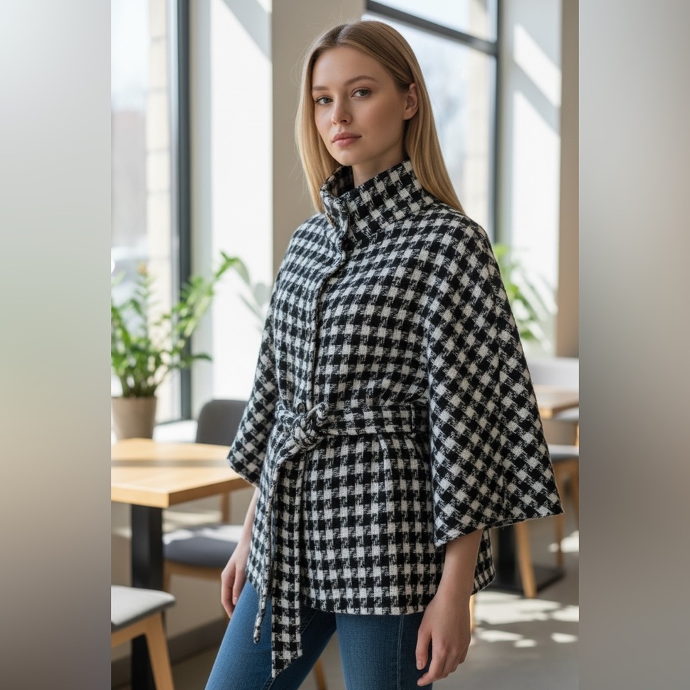 NWT JUICY COUTURE Black White Houndstooth Poncho Jacket Cape  Belted Plaid Wrap